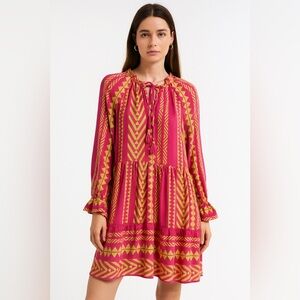 Anthropologie Pink and Yellow Midi Dress with Bohemian Flair